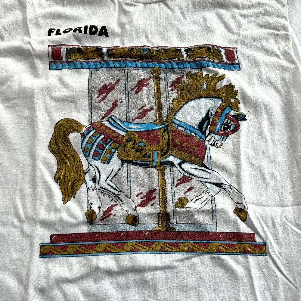Vintage 90s Single Stitch Florida Carousel Horse Sz L T Shirt‎ USA